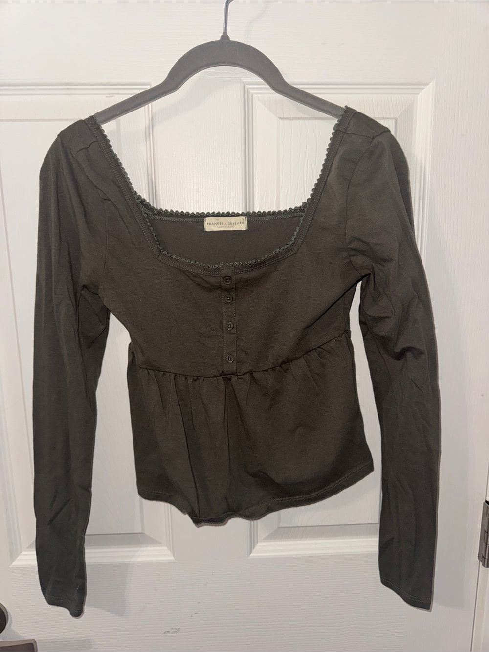 Olive Scoop-Neck Button-Front Long Sleeve Top